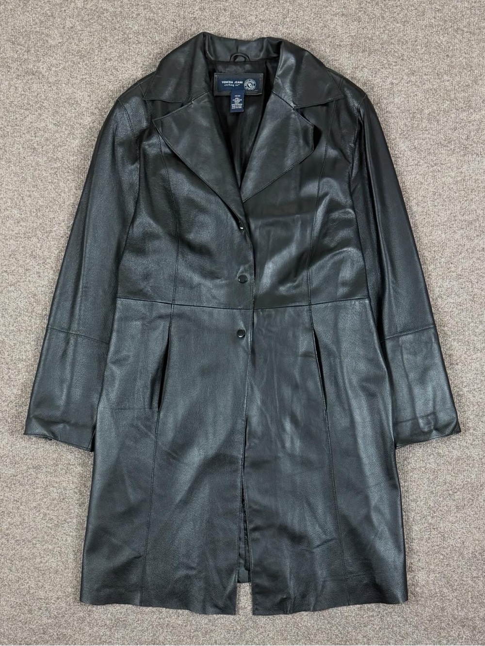 Vintage Black Genuine Leather Mid Length Snap Close Jacket Women’s Size 18/20